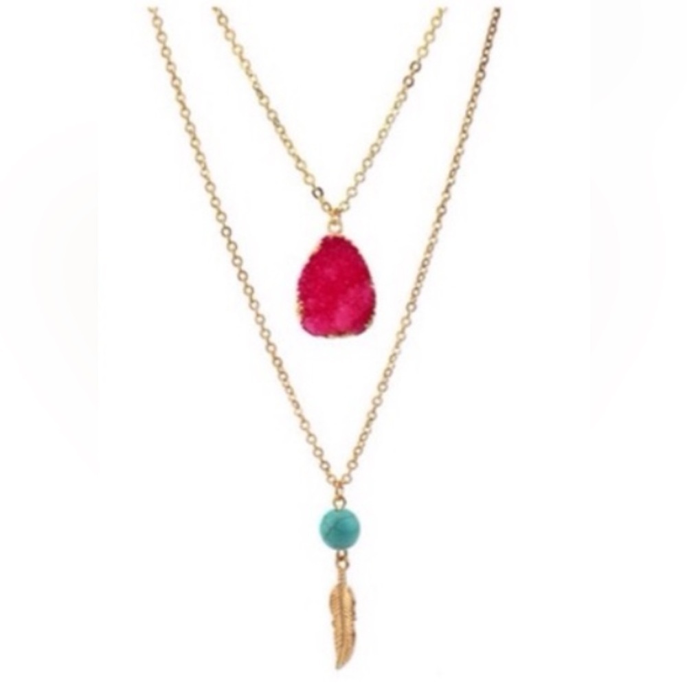 2/$15 - Boho Double Layer Necklace | Pink & Gold Feather Pendant Necklace | NWT